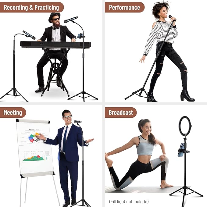 CAHAYA Dual-use Tripod Microphone Stand with Phone Holder Gooseneck Floor Mic Stand Portable with Carrying Bag and 2 Mic Clips for Singing Performance Wedding Stage Meeting Live CY0312