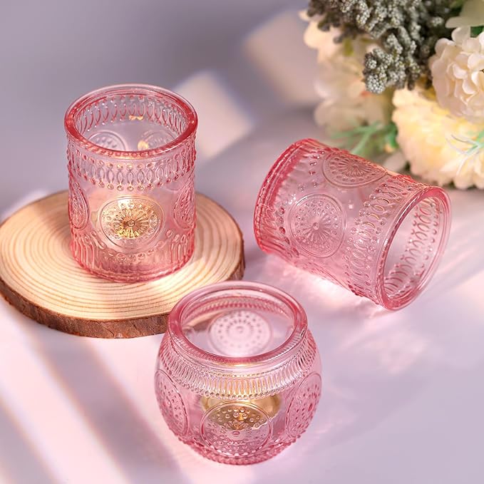 DARJEN 24Pcs Pink Votive Candle Holders- Glass Candle Holders Bulk for Flameless LED Tea Waxes, Romantic Candle Holder for Wedding Decor, Various Parties & Dinner Table