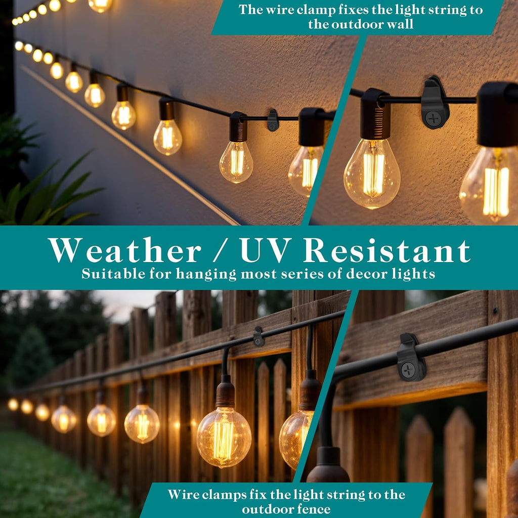 Outdoor String Lights Clips, Weatherproof Cable Hanger Hooks for Hanging Fairy Lights, Holiday Decor - Black, 50 Pack