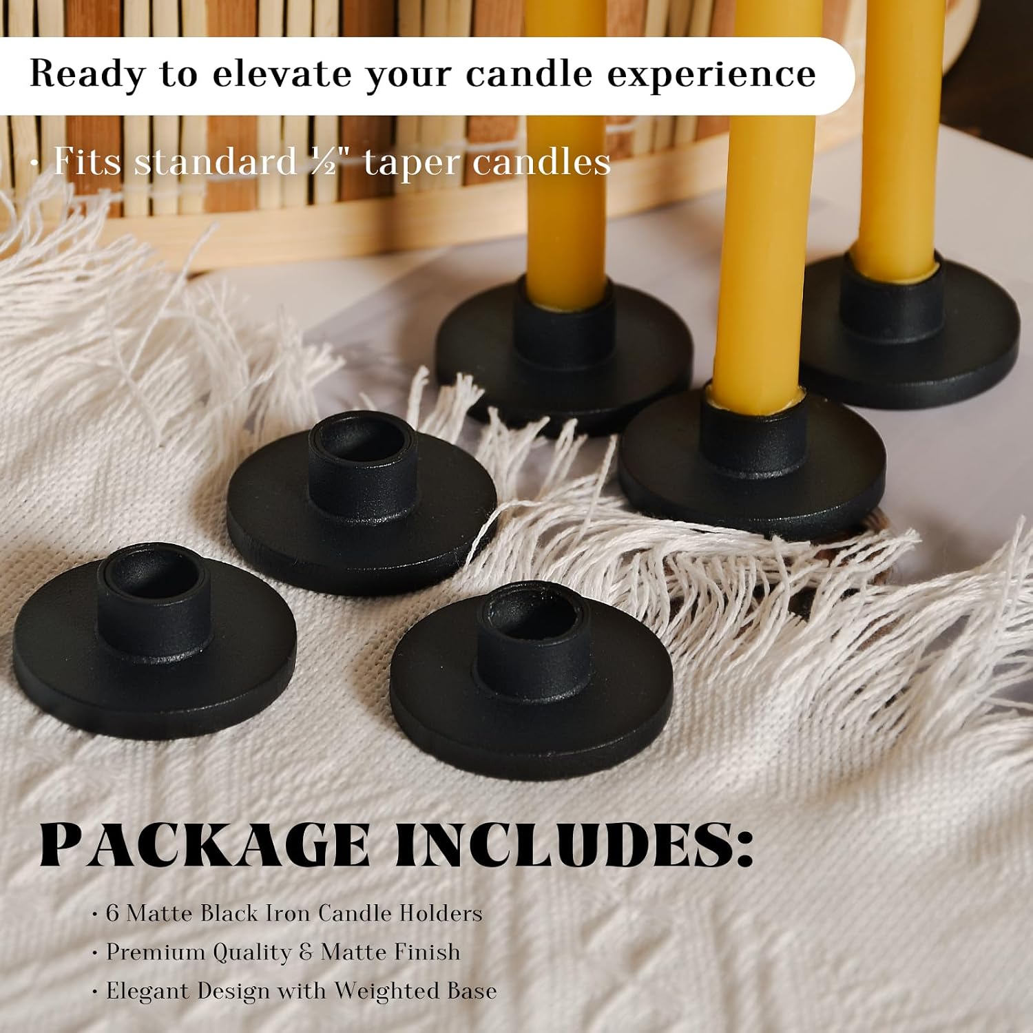 Black Iron Mini Taper Candle Holders for 1/2 Inch Candles – Small, Skinny, Thin Tapered Candle Holders for Chime, Spell, Church Candles – Set of 6