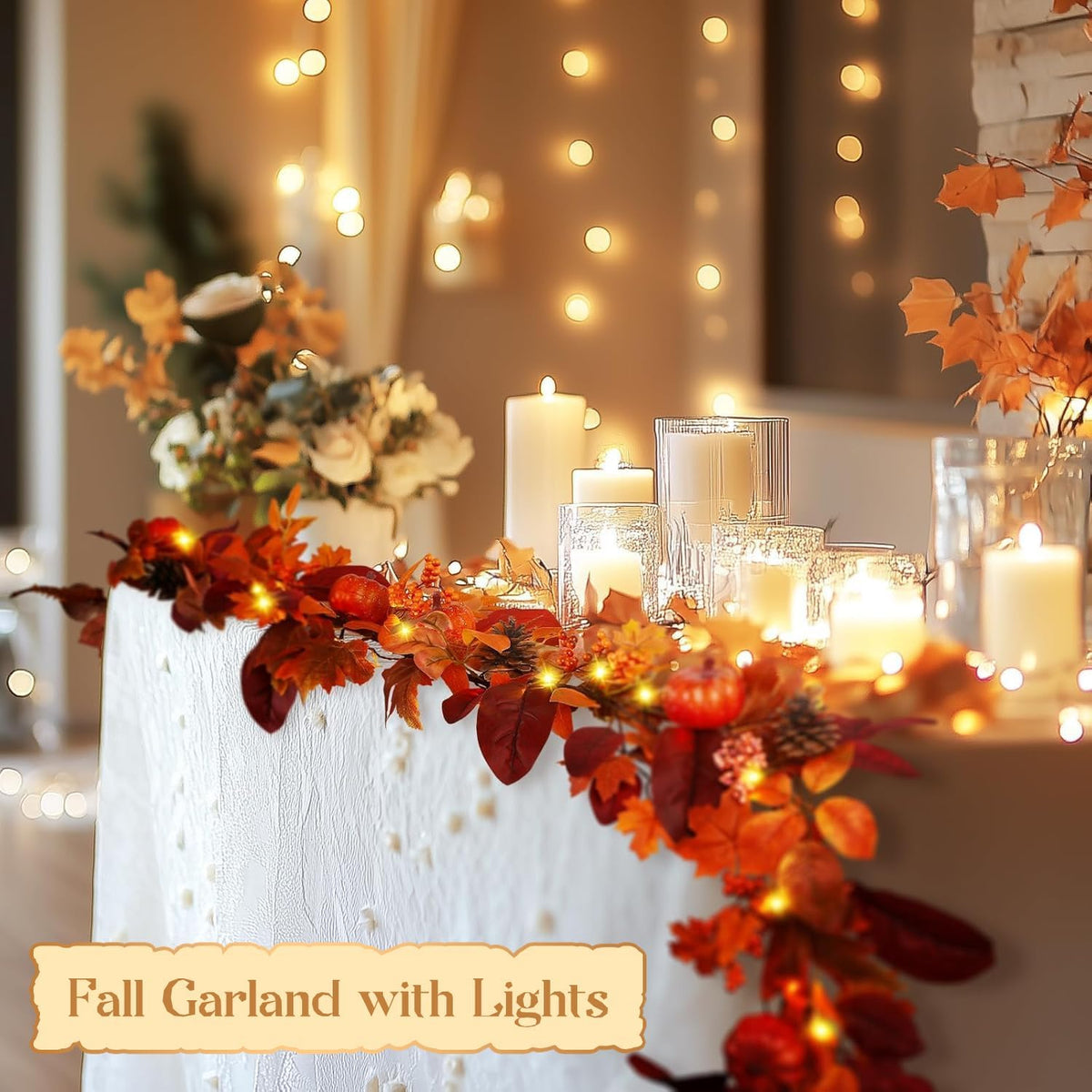 shareconn 9ft fall garland with lights and timer, close-up detail