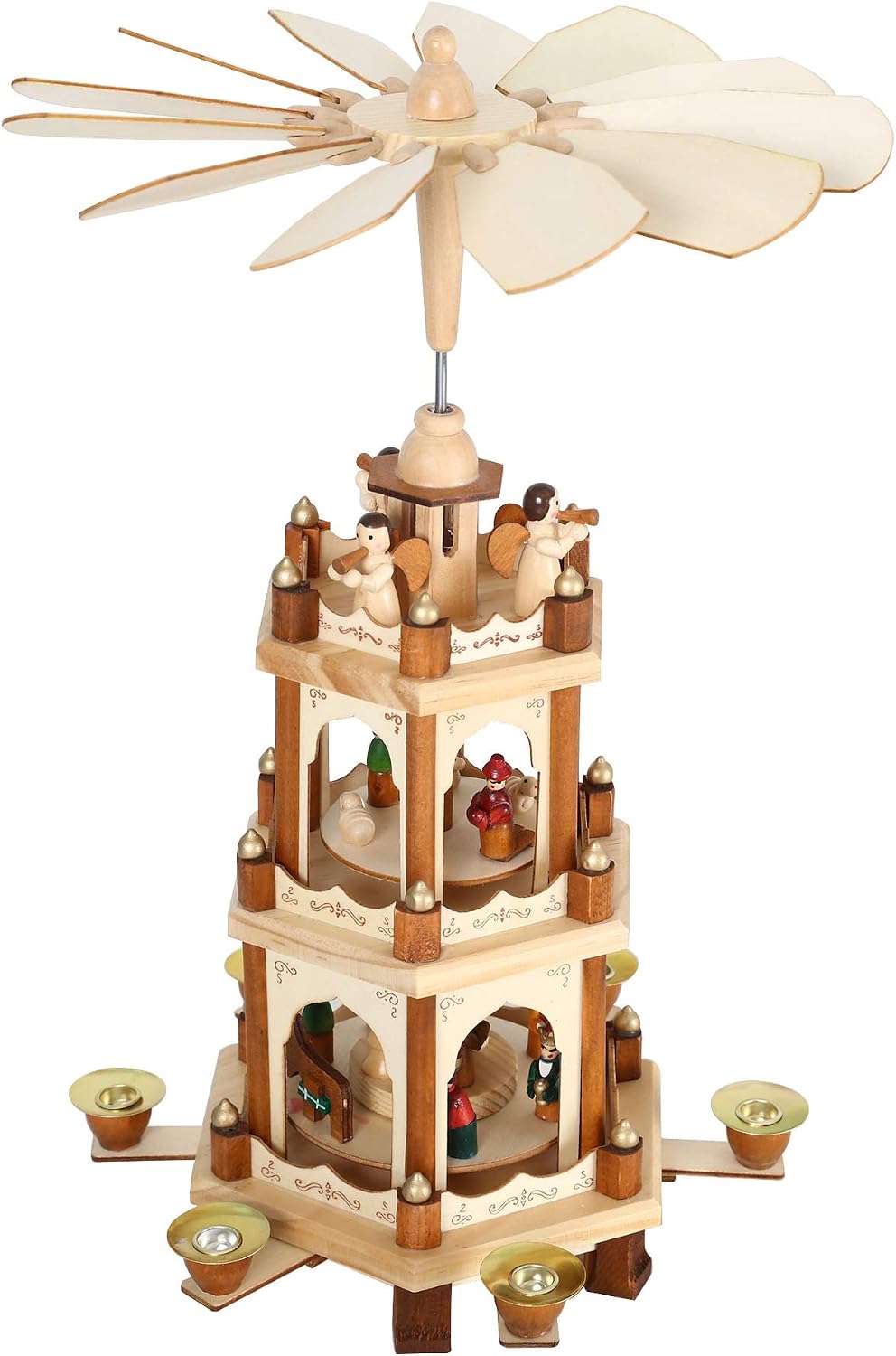 17 Inch Wooden Christmas Pyramid Windmill Candle Holders - 3 Tiers Carousel- Hand Painted Nativity Figurines - Turning Wings (005-Natural)