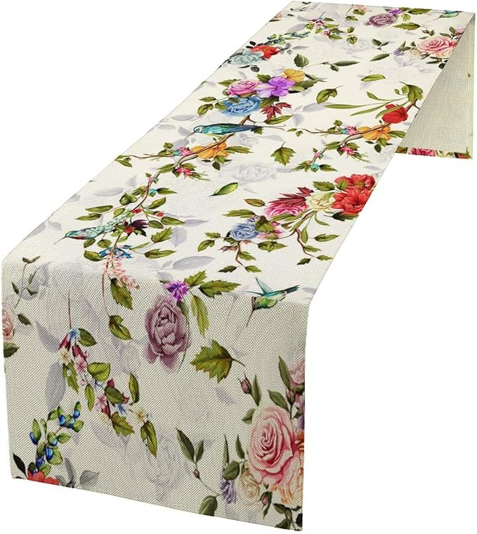 Vintage Bird Flower Table Runner Seasonal Spring Summer Garden Plants Farmhouse Country Kitchen Dinner Runner Dining Table Decoration for Home Party Holiday 13"x120"