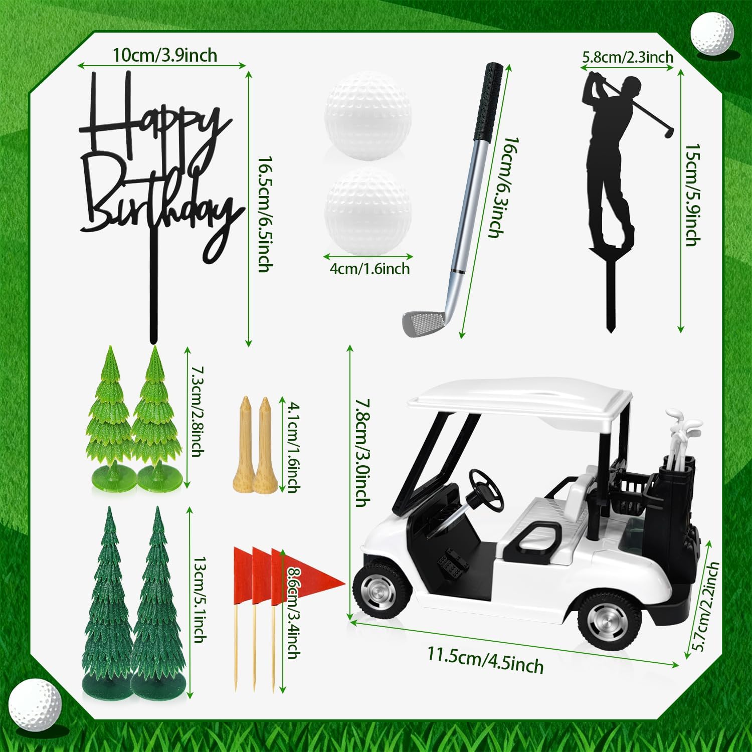 15Pcs Golf Theme Cake Topper Decorations Happy Birthday Cake Decorations with Golf clubs, Mini Cart, Ball, Green Tree, Red Flag Cupcake Topper for Birthday, Father's Day Party Decor Supplies