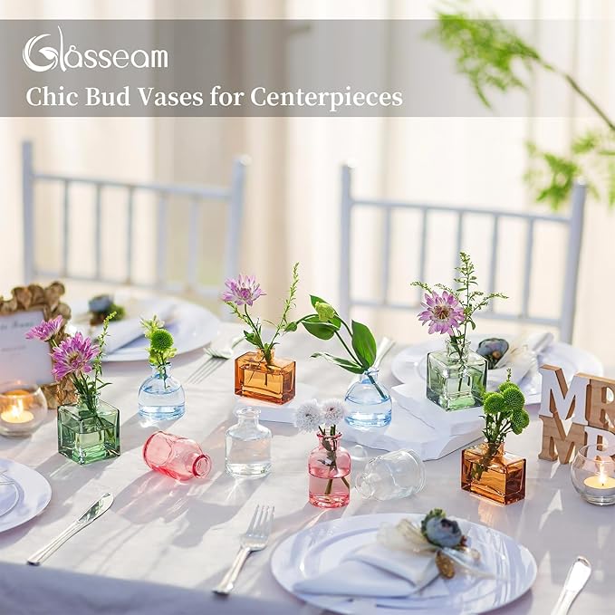 Glasseam Mini Bud Vases for Centerpieces: Colored Small Flower Vase Set of 20 Cute Tiny Glass Vases for Flowers Modern Decorative Wedding Table Centerpiece for Dining Room Decoration