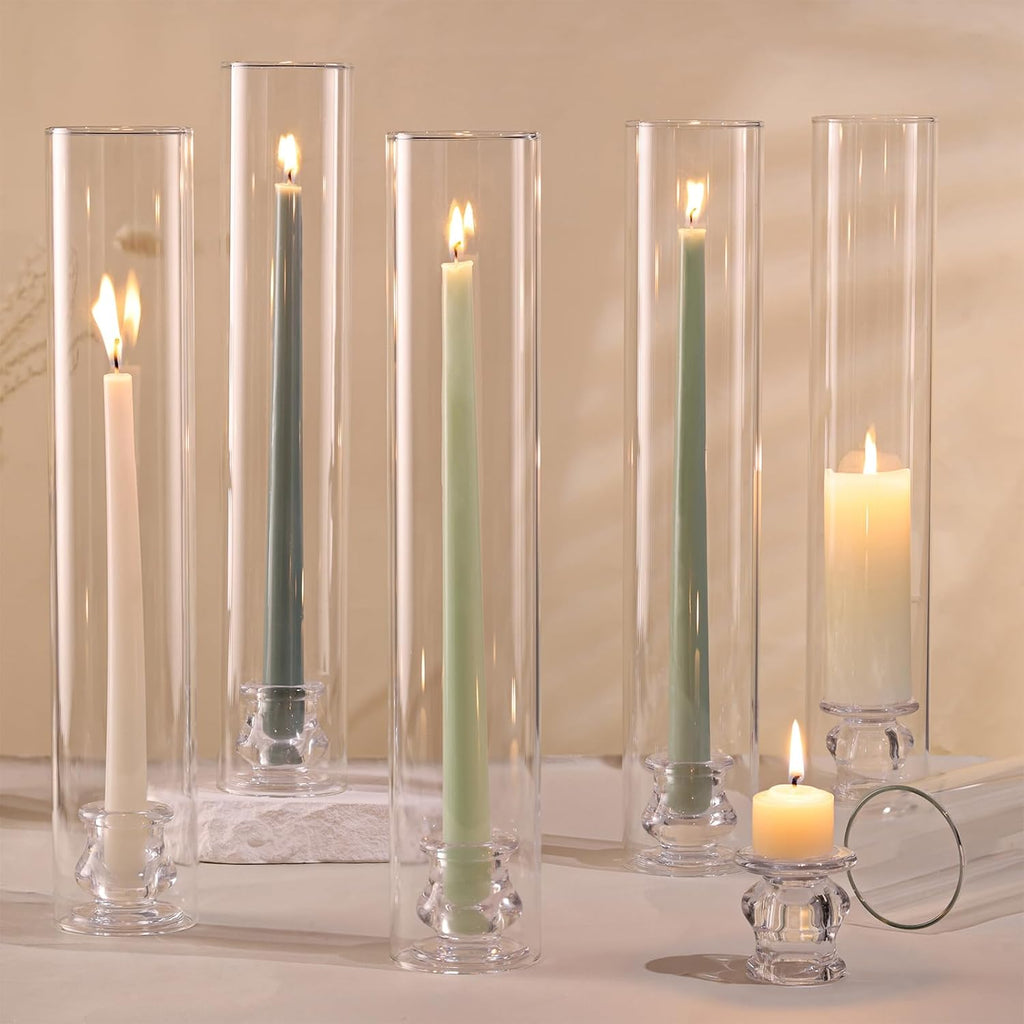 Volens Hurricane Glass Candle Holders- Set of 6 Candlestick Holders for Taper Candles with Windproof Cylinder Covers 14" Tall Clear Glass Chimney Cover for Wedding Table Centerpiece Home Decor