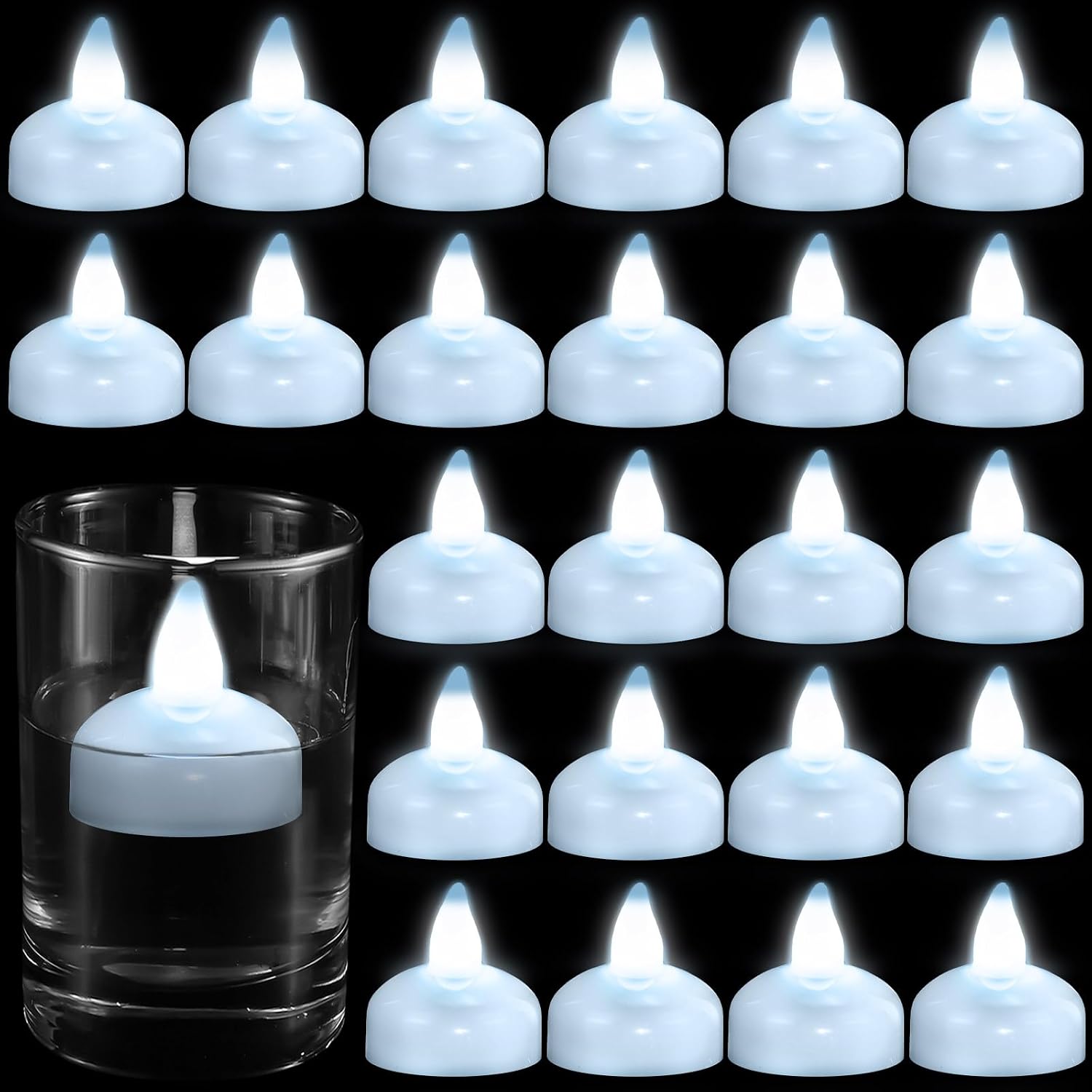 Honoson 24 Pack Flameless LED Floating Candles 1.6'' Waterproof LED Floating Tealights Battery Water Activated Tealights for Valentines Day Weddings Pool Centerpiece Party Decor(White)