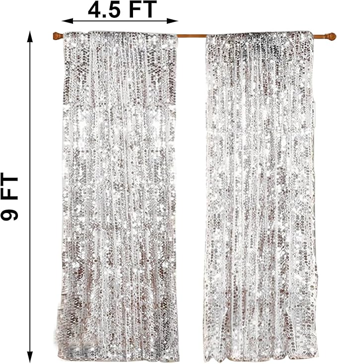 HH 9x9FT Big Silver Sequin Backdrop Curtains,Shimmer Sequin Fabric Photography Backdrop,Photo Backdrop Payette Backdrop Curtain Panels Backgrounds for Wedding Party Christmas Decoration