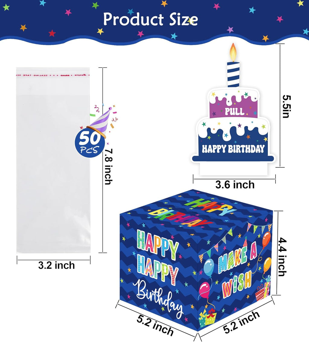 Birthday Money Box for Cash Gift Pull, Surprise Gift Boxes for Money, Money Holder Box with Pull Out Happy Birthday Card and 50Pcs Transparent Bags, Money Gift Ideas for Kids and Adults