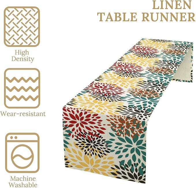 Green Red Dahlia Flower Table Runner Chrysanthemum Geometric Kitchen Dining Bedroom Living Room Table Decor for Indoor Outdoor Home Party, 13x60 Inch