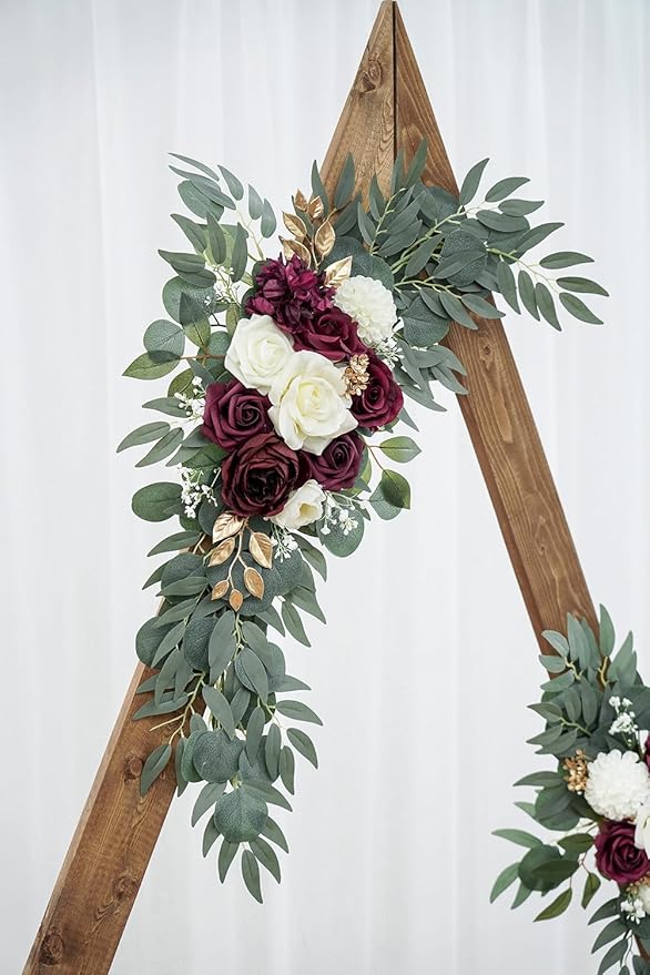Artificial Burgundy Flower Swag Set of 2 for Wedding Welcome Signs Floral Decorations, Wedding Arch Flowers for Wedding Ceremony, Ivory Wedding Flower