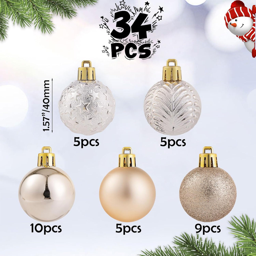34ct Champagne Mini Christmas Ball Ornaments Shatterproof Plastic Christmas Tree Decorations for Xmas Party Home Office Holiday Decor -Small Size (1.57"/ 40mm)