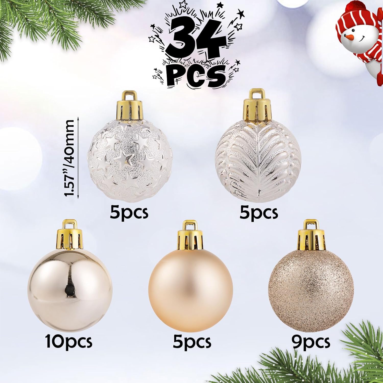 34ct Champagne Mini Christmas Ball Ornaments Shatterproof Plastic Christmas Tree Decorations for Xmas Party Home Office Holiday Decor -Small Size (1.57"/ 40mm)