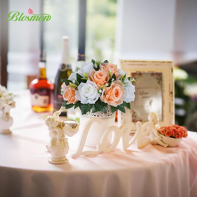 BLOSMON Rose Flower Balls Centerpieces: 6pcs 9.5 Inch Peach Fuzz Fake Flowers Kissing Balls Decor Artificial Wedding Floral Arrangements Silk Bouquet with Base Home Party Room Table DIY Decorations