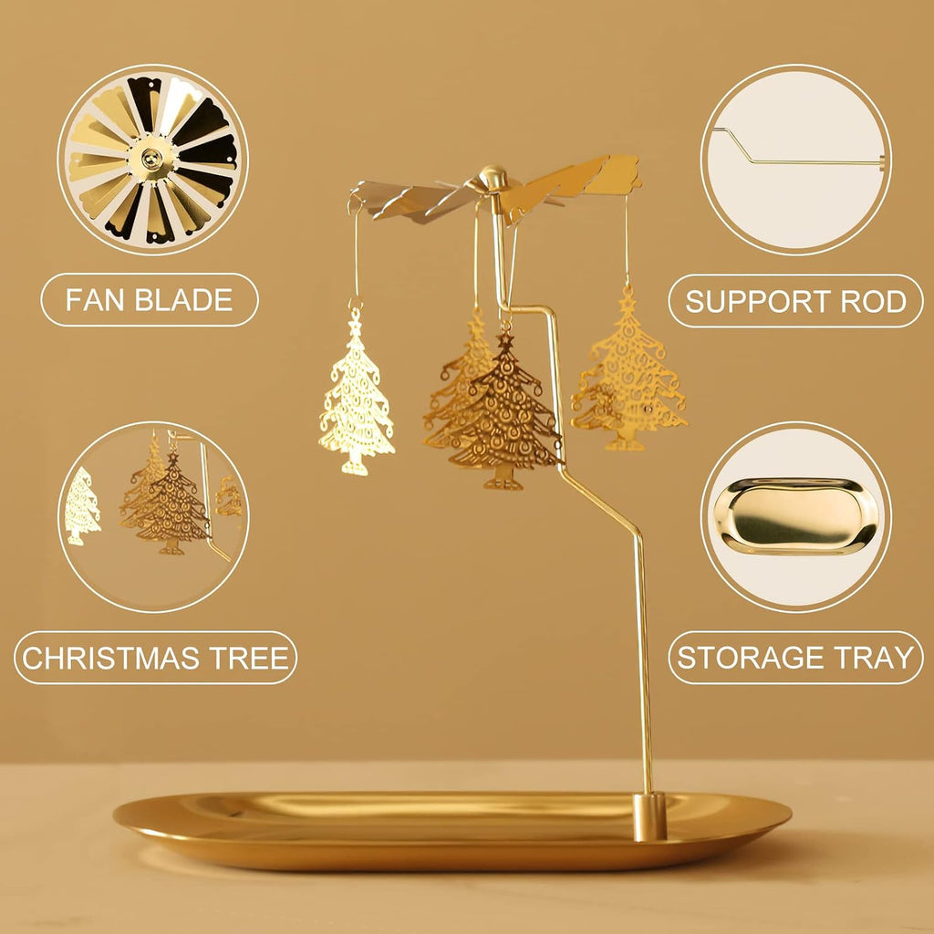 Creahaus Spinning Candle Holder with Tray, Glod Carousel Candle Spinner, Rotating Metal Tea Light Candle Holder for Table Centerpiece, Christmas, Valentine's Day, Party Decor, Gift (Christmas Tree)