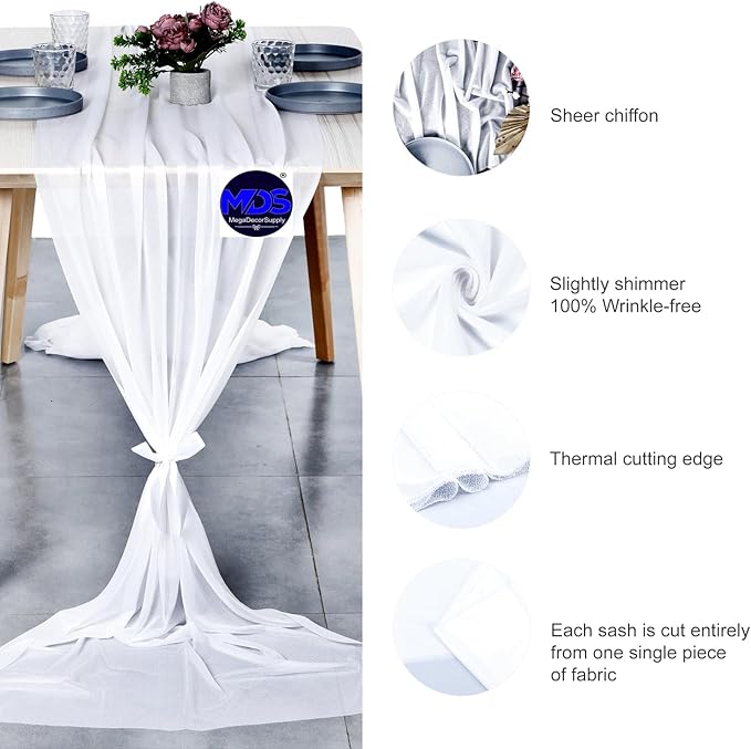 MDS 20 Pack 10ft Chiffon Table Runner 29 x 120 Inches Sheer Wedding Runner Romantic Rustic Table Runner for Wedding Decorations, Birthday Parties, Bridal Shower Party Arch Decor - White