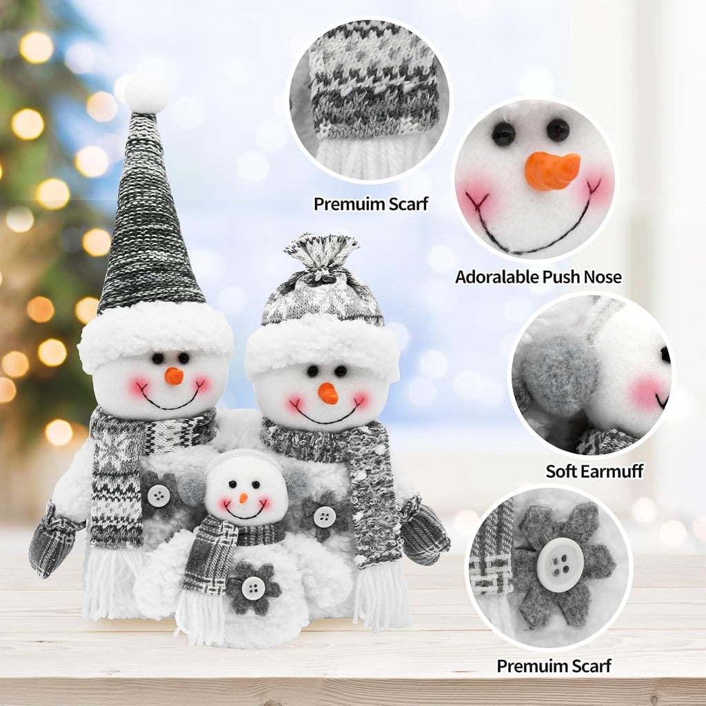 Christmas Snowman Decorations Indoor- Grey Stuffed Snowman Plush Decor for Table Centerpiece- Neutral Christmas Decor Winter Handmade Gifts