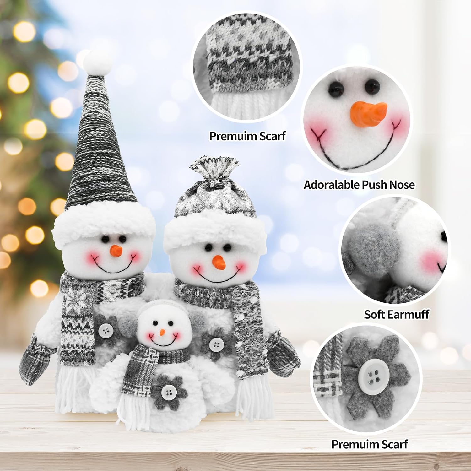 Christmas Snowman Decorations Indoor- Grey Stuffed Snowman Plush Decor for Table Centerpiece- Neutral Christmas Decor Winter Handmade Gifts