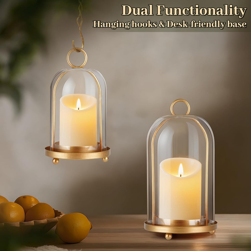 Glass Hurricane Candle Holder Decorative Gold Candle Lantern, Pillar Candlestick Holders Set of 2, Hanging Metal Holder Modern Table Centerpieces, Antique Brass