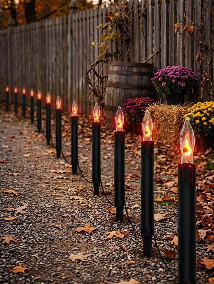 Halloween C18 Flicker Flame Pathway Lights – 19.5FT Plug-in Outdoor Candle Li...