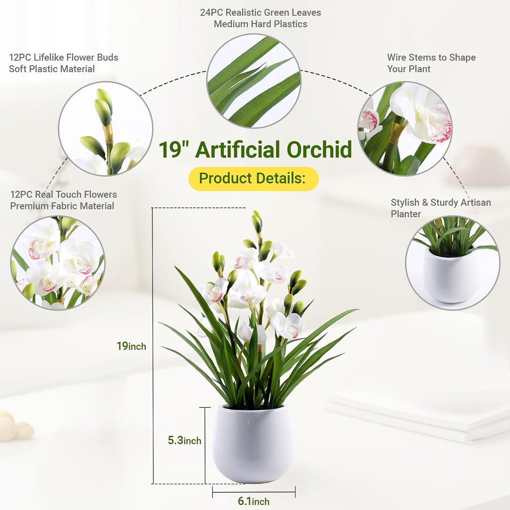 faux orchid plant 19" tall, realistic touch leaves shown in use