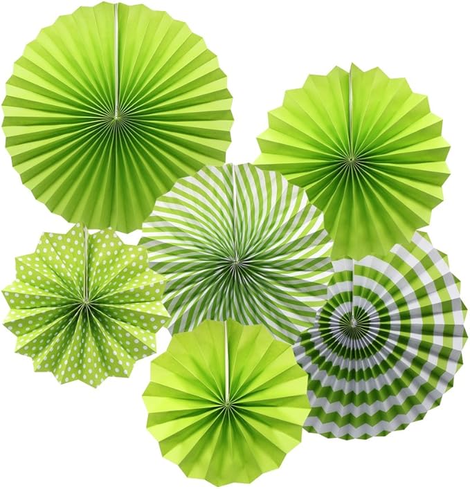 ADLKGG Party Hanging Paper Fans Set, Green Round Pattern Paper Garlands Decoration for Birthday Wedding Graduation Events Accessories, Set of 6