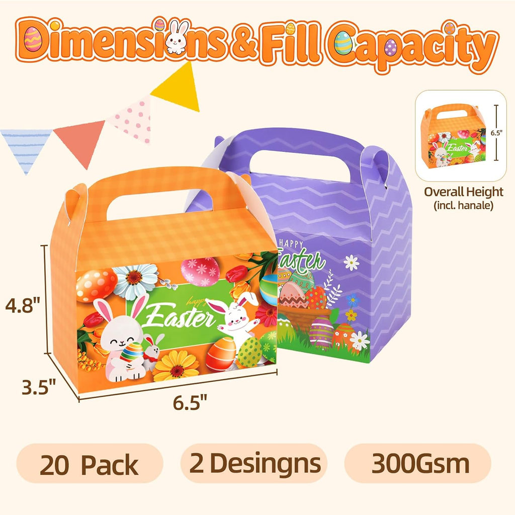 DERZIFUN 20 Pack Easter Treat Boxes with Handle, 6.5" x 3.5" x 6.5" Gable Boxes for Party Favors, Candy, Desserts, Easter Decorations