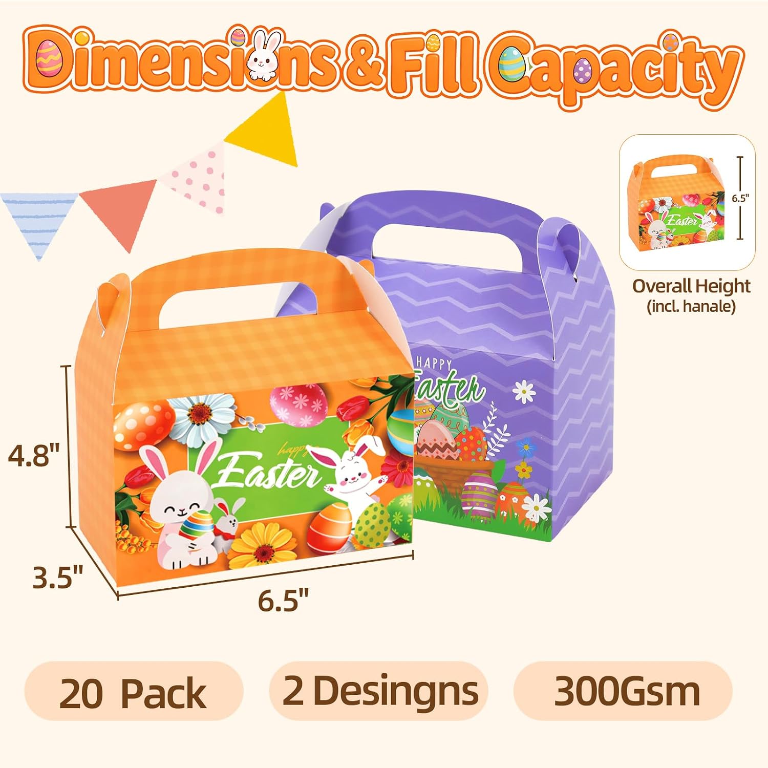 DERZIFUN 20 Pack Easter Treat Boxes with Handle, 6.5" x 3.5" x 6.5" Gable Boxes for Party Favors, Candy, Desserts, Easter Decorations