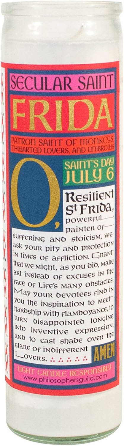 The Unemployed Philosophers Guild Frida Kahlo Secular Saint Candle - Unscented 8 Inch Tall Glass Prayer Votive, Made in the USA