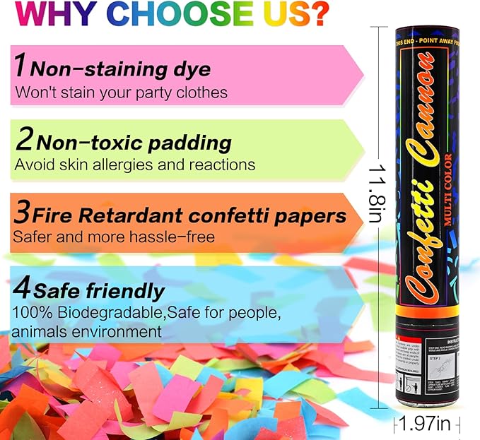 Confetti Cannon Multicolor 12 Pack Biodegradable Confetti Popper Party Confetti Shooters12 Inch Confetti Popper Cannons Confetti Poppers for Wedding,Birthday,Graduation, New Years Celebration