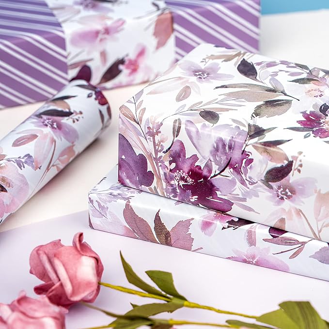WRAPAHOLIC 30 Inch Jumbo Reversible Floral Wrapping Paper - 30 Inch X 33 Feet - Purple Floral Design for Wedding, Birthday, Mothers Day, Baby Shower, Anniversary, Bridal Shower