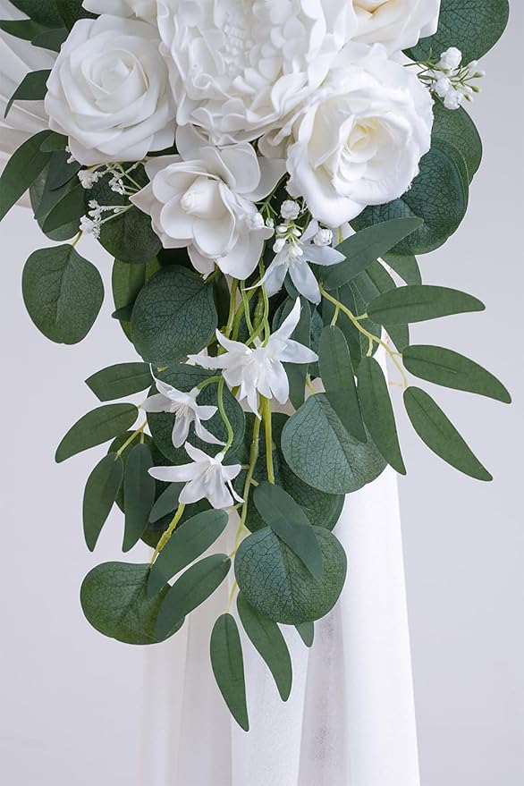White Artificial Wedding Arch Flowers Kit (Pack of 3) with 26Ft White Shiny Arch Draping Fabric for DIY Wedding Party Ceremony Reception Backdrop Floral Decoration