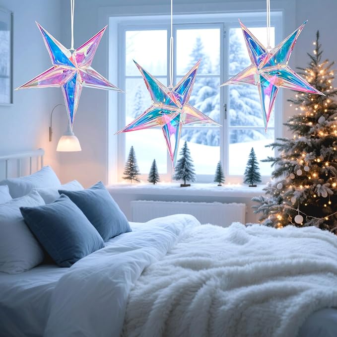 Star Ornaments Iridescent Christmas Ornaments Colorful Star Ornament for Christmas Tree Winter Party Frozen Theme Decoration Bridal Shower Wedding Birthday 3PCS