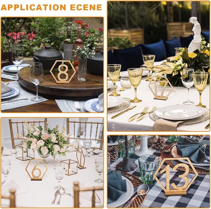 Wooden Table Numbers, Hexagon Shape 1-20 Wedding Table Numbers with Holder Base Rustic Hollow Out Wood Table Numbers Card for Wedding Party Event Catering Decoration (Hexagon)