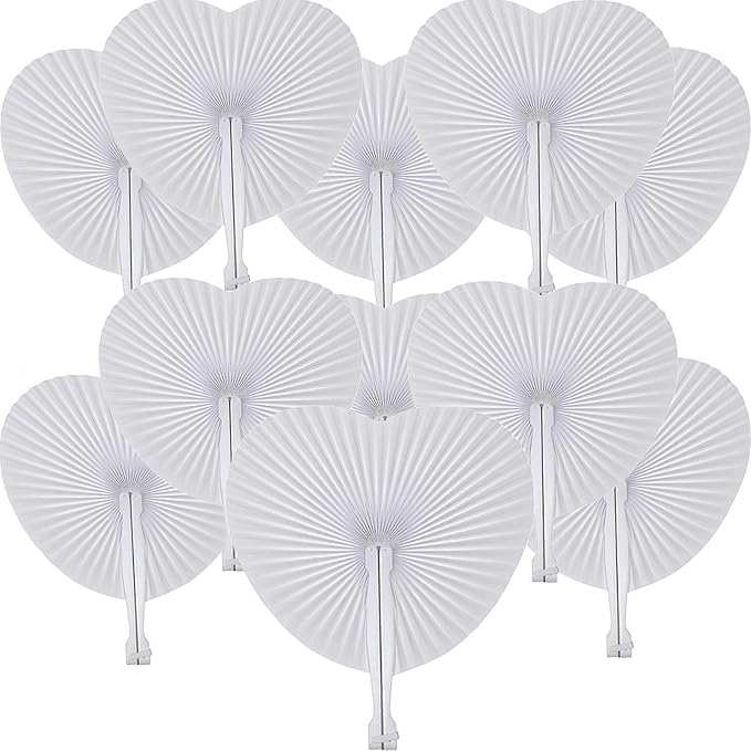 12 Pcs Decorative Paper Folding Hand Fans Handheld,White Heart Foldable Wedding Fans Chinese and Japanese Fans Bulk for Bridal Guest Church Party Favors Dancing Birthday DIY