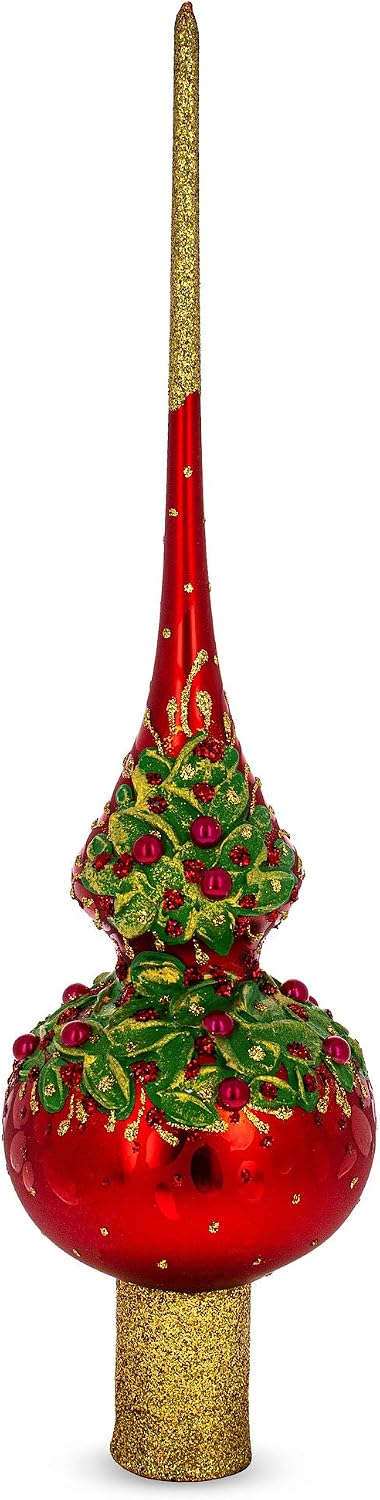 Red Pearls Poinsettia Flowers on Glossy Red Blown Glass Tree Topper