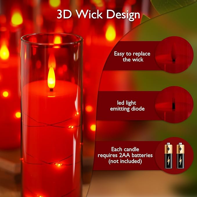 Raycare Flameless Candle with Remote Timer – 5 Flickering Acrylic Battery Operated LED Pillar Candles with Embedded Star String for Halloween, Home Decor, and as a Gift(Red)