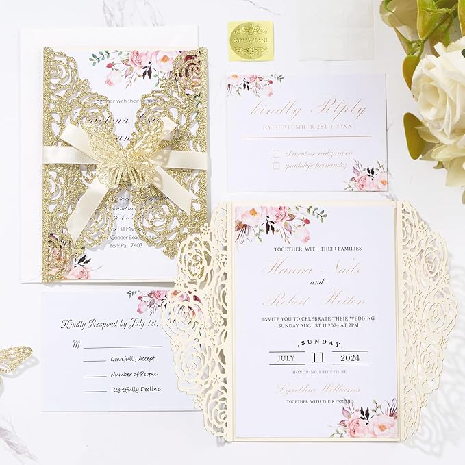50PCS Gold Glitter Laser Cut Wedding Invitation with Butterfly Ribbons Hollow Rose Shape Wedding Invitations with Envelopes and Rsvp Cards for Wedding Bridal Shower QuinceañEra Engagement