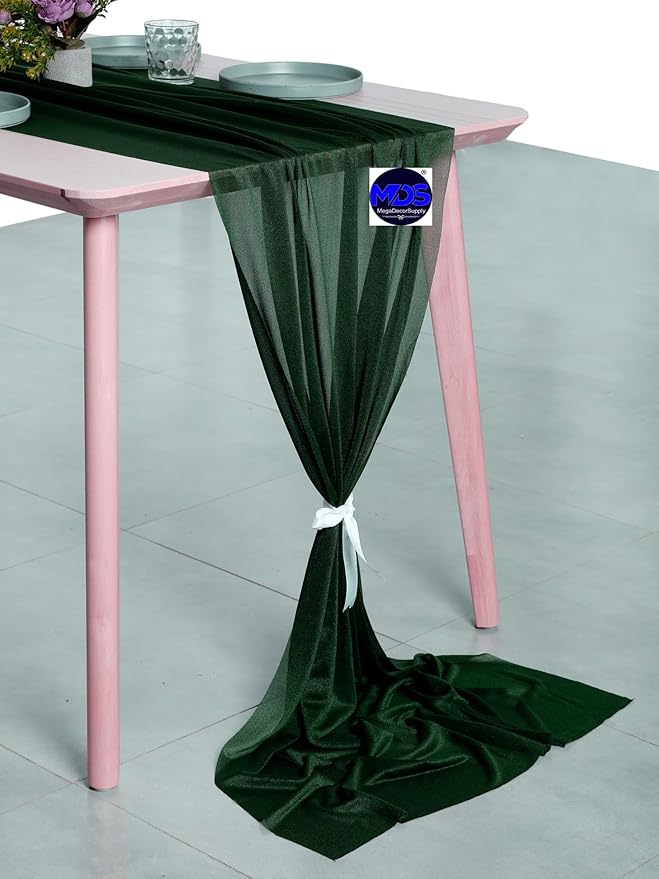 MDS 5 Pack 10ft Chiffon Table Runner 29 x 120 Inches Sheer Wedding Runner Romantic Rustic Table Runner for Wedding Decorations, Birthday Parties, Bridal Shower Party Arch Decor - Hunter Green