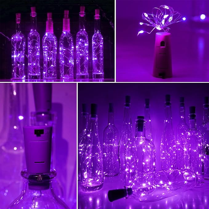 Wine Bottle Lights with Cork 15Pack 10 LED 40 Inches Battery Operated Silver Wire Liquor Fairy Mini String Lights for Party Christmas Halloween Wedding Decoration (Purple)
