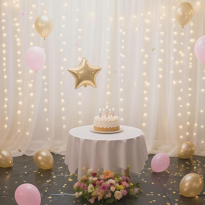 Ledido 10×8ft Tulle Backdrop Curtains with Lights String - 300LED Fairy Lights Sheer Curtain Backdrop for Weddings Baby Shower and Birthday Party Decorations(6 Panels 5×8ft)