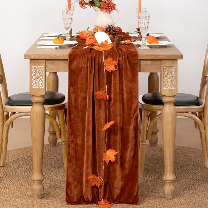 MLMC Terracotta Fall Thanksgiving Table Runner 10ft Luxury Rust Burnt Orange Velvet Table Runner Elegant Home Decor 20x120 Inches for Wedding Bridal Shower Birthday Party Home Decor