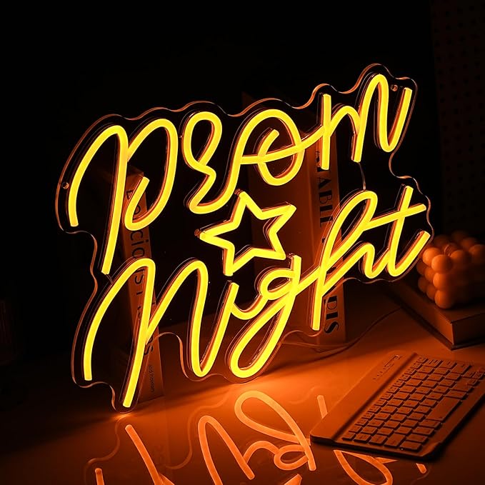 Prom Night Neon Sign for Wall Decor Yellow LED Words Neon Light by USB Powered Dimmable Prom Night Light Up Sign for Prom Birthday Wedding Christam Party Bar Decor(16.1 * 12.6In)