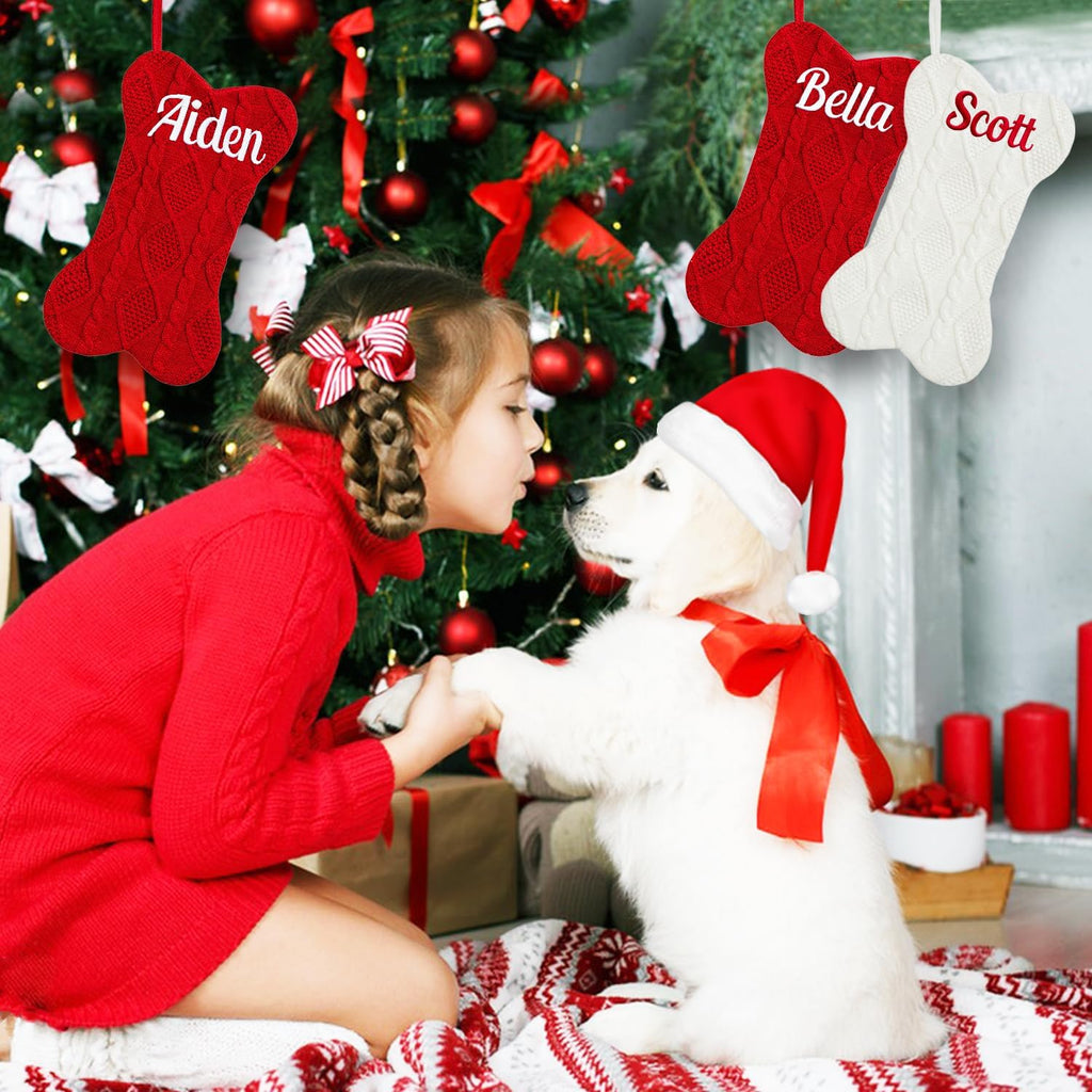 Personalized Dog Christmas Stocking, Custom Bone Shaped Knitted Christmas Stocking, Large Pet Hanging Christmas Stocking(1 Pack)