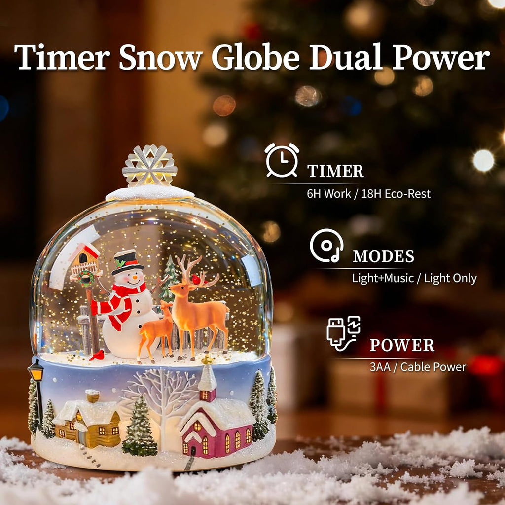 SUNFACE Snowman Christmas Snow Globe Lantern, Musical Light Up Snow Globe with Reindeer Cardinal Pine Trees, LED Glitter, 8 Classic Songs, 6H Timer, 3 AA or USB Powered, Gift for Adults Women Men