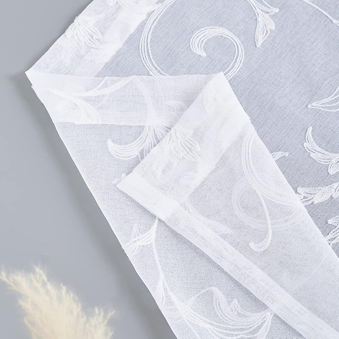 Sheer Curtains White 95 Inches Vintage Embroidered Floral, Window Treatments Rod Pocket Drapes for Living room, Bedroom, Semi Crinkle Voile Curtain Panels for Yard, Villa, Parlor, Set of 2, 52"x95".