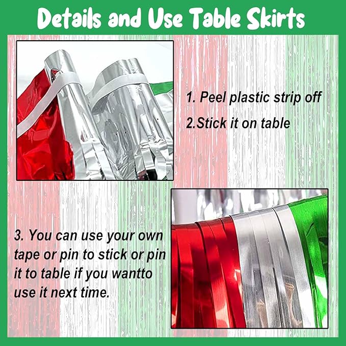 4 Pack 29x108 Inch Metallic Foil Fringe Tinsel Table Skirts for Rectangle Tables Streamer Backdrop for Wedding, Birthday, Parade Floats, Christmas, Halloween Party Decoration(Red Silver Green)