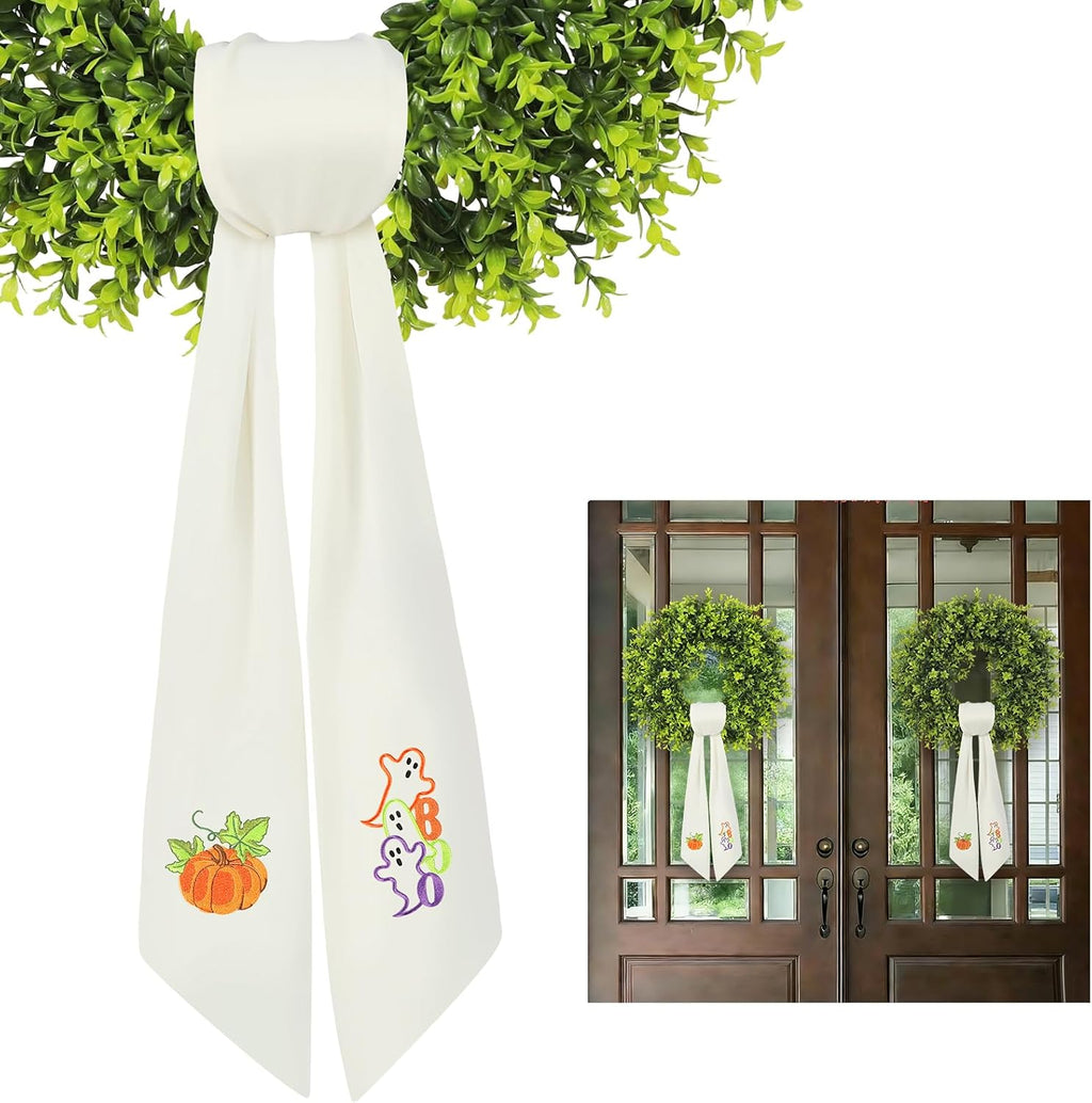Fall & Halloween Wreath Sash for Front Door (59" Long) - Embroidered Ghost & Pumpkin Design for Boxwood Wreaths - 2-in-1 Autumn Ribbon Decor, Heavy Drape & Washable (1 Set)