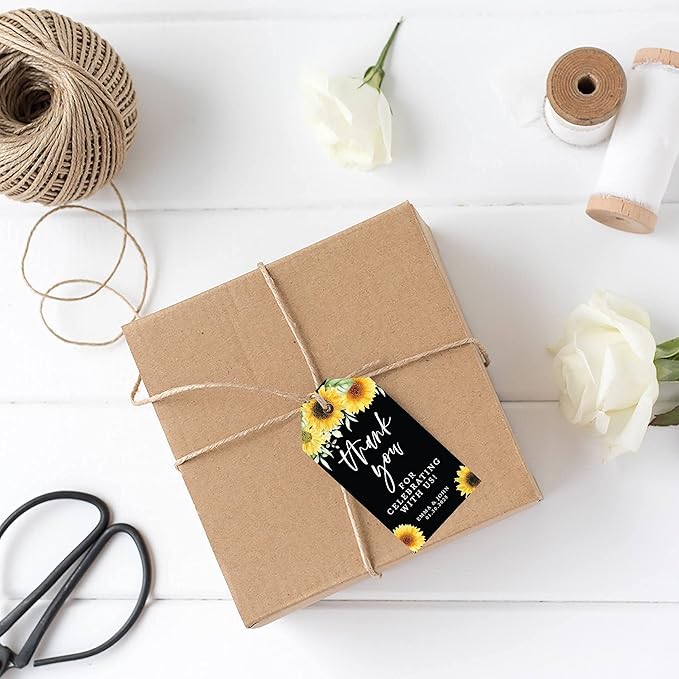 Andaz Press 100-Pack Personalized Thank You For Celebrating With Us Wedding Favor Tags with Bakers Twine Sunflowers Black Background Custom Cardstock Wedding Gift Tags for Party Favors 2 x 3.75-Inches