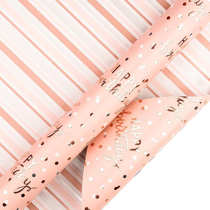 LeZakaa Reversible Pink Birthday Wrapping Paper Roll for Girls Women, Happy Birthday Lettering & Stripe Pattern with Metallic Foil in Pink, Mini Roll, 17 inches x 16.4 Feet